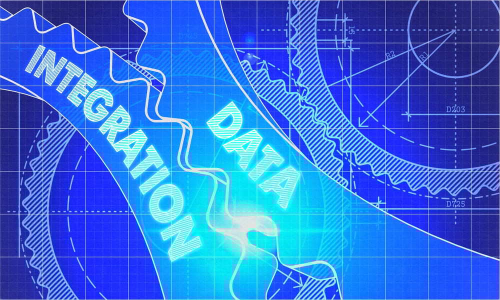 Data Integration on Blueprint of Cogs. Technical Drawing Style. 3d illustration with Glow Effect.
